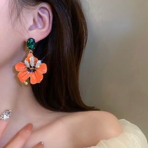 Orange Enamel Flowers Drop Earrings  Women  Green Crystal Dangle Earrings Party